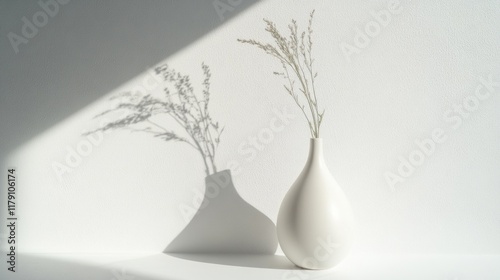 White vase with dried flowers casting shadow on white background.