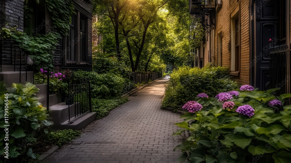 ecosystem restoration nature concept. A serene alleyway lined with greenery and blooming flowers, illuminated by soft sunlight. ecosystem restoration nature concept. A serene alleyway lined with greenery and blooming flowers, illuminated by soft sunlight.