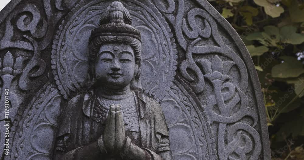 A religious stone statue of Bodhisattva Samantabhadra at Japanese buddhism temple A religious stone statue of Bodhisattva Samantabhadra at Japanese buddhism temple