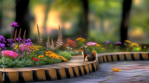 ecosystem restoration nature concept. A serene garden scene featuring a squirrel amidst vibrant flowers and a winding pathway. photo