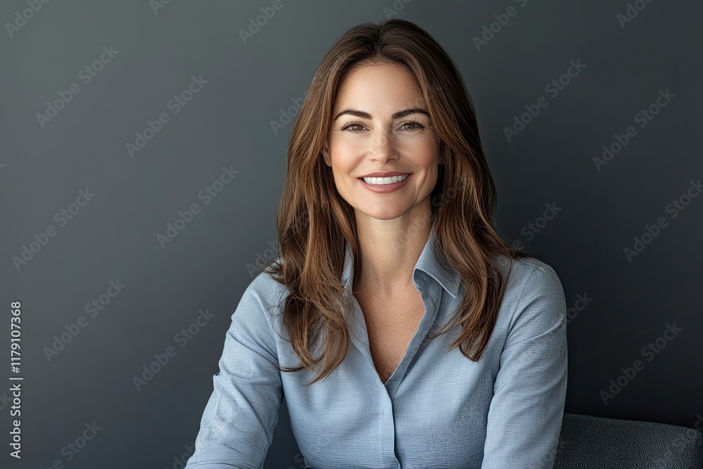 Smiling brunette businesswoman sitting against gray background. Confident female professional is wearing blue shirt. She is having brown hair. Copy space. Smiling brunette businesswoman sitting against gray background. Confident female professional is wearing blue shirt. She is having brown hair. Copy space.