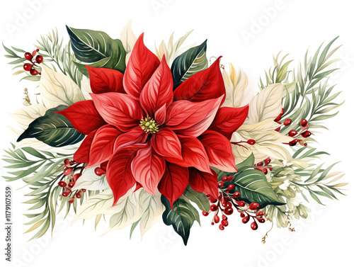 Attractive painting of a poinsettia and berries on a branch