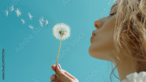 Dandelion dispersing wind. Young woman blowing a dandelion against a clear blue sky.