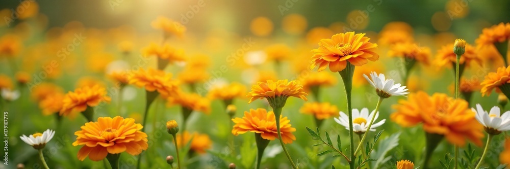 Marigolds and daisies in a wildflower meadow with a warm light effect, bright colors, petals, marigold Marigolds and daisies in a wildflower meadow with a warm light effect, bright colors, petals, marigold