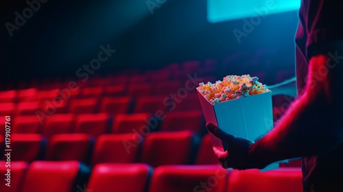 Movies and popcorn. Man holding pop corn box at cinema. Action, thriller or scifi entertainment on screen. Red seats in dark theater. Salty snack in bucket. photo
