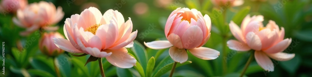 Soft peach-colored peonies in full bloom amidst lush foliage, petals, soft, blooming Soft peach-colored peonies in full bloom amidst lush foliage, petals, soft, blooming