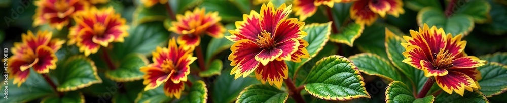 Variegated codiaeum plant with colorful stems and flowers, codiaeum variegatum, flowers Variegated codiaeum plant with colorful stems and flowers, codiaeum variegatum, flowers