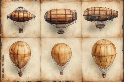 Wallpaper Mural A vintage illustration of various hot air balloon designs on aged paper. Torontodigital.ca