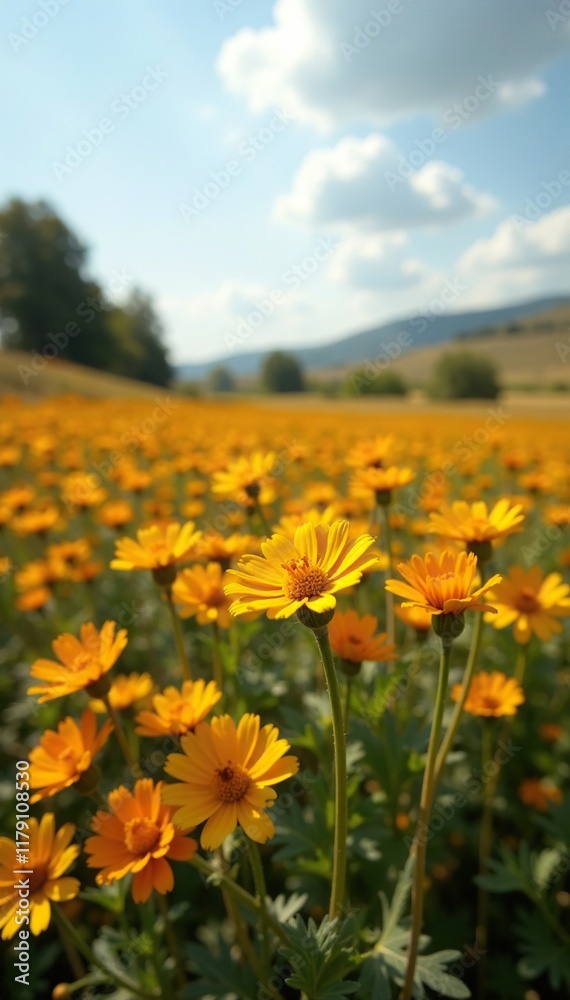 Fototapeta premium Desolate field of dried calendula flowers in the sun, garden bed, botanical