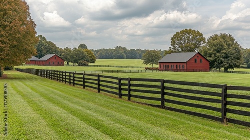 Idyllic rural scene with red barns and fence.