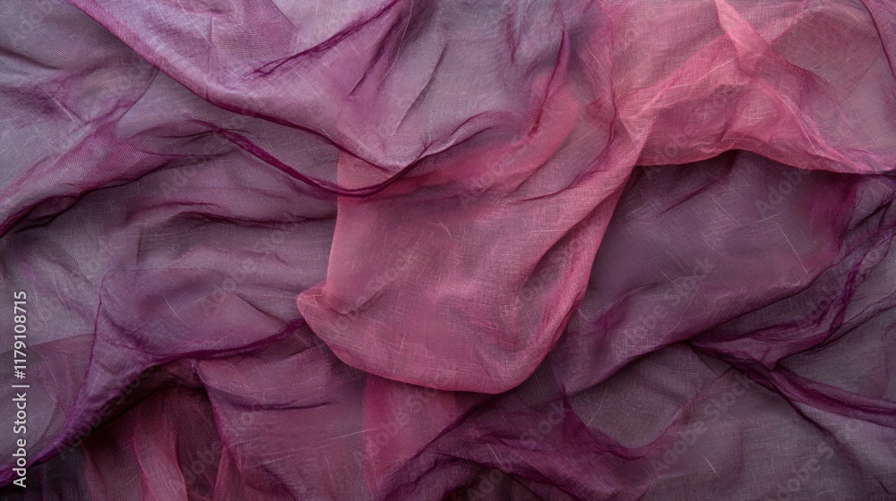 Close-up of draped sheer fabric in shades of purple and pink, showing texture and folds.