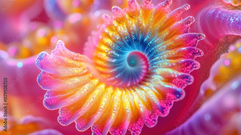 Macro view of a vibrant pink sea anemone displaying colorful yellow and blue tentacles with a rainbow-like spiral pattern