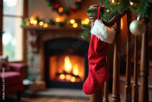 Red Christmas stocking draped over a wooden banister in front of a fireplace, Christmas, mantel