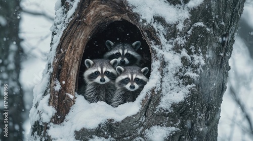 A family of raccoons emerging from their den in a hollow tree, venturing out into a freshly fallen snow.