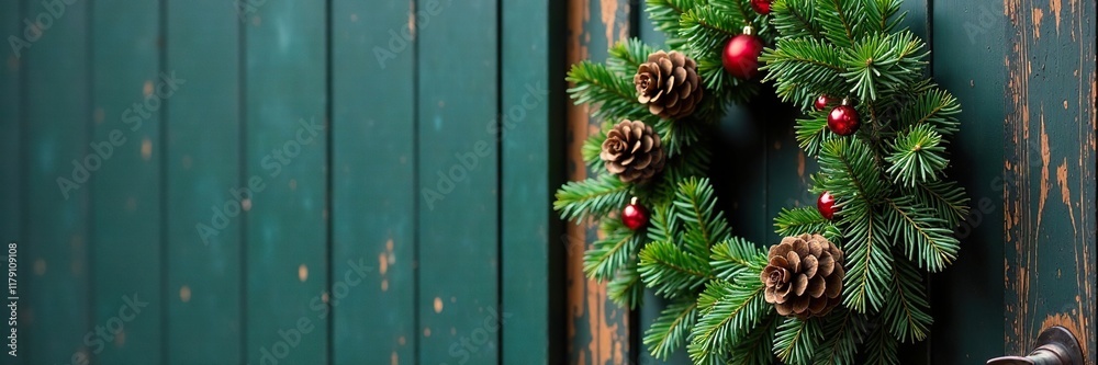 Wreath on door with evergreen branches and pinecones, pinecone, winter, festive Wreath on door with evergreen branches and pinecones, pinecone, winter, festive