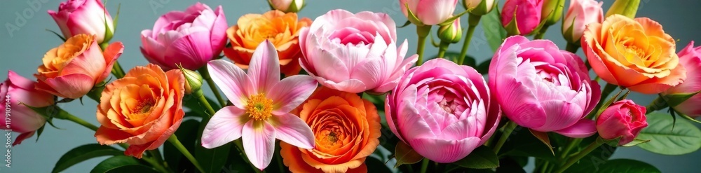 Obraz premium A colorful mix of flowers including peonies, roses, and lilies in a vase, arrangement, mixed, flowers