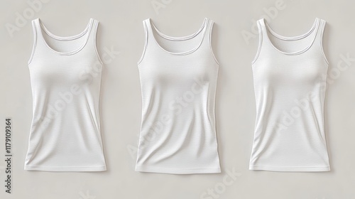 Ribbed racer-back cotton-jersey tank technical fashion illustration with wide scoop neck, fitted knit body, tunic length. Flat camisole template front white color. Women men unisex shirt top CAD
