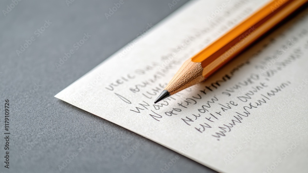 Close-up of pencil on paper with handwritten text in English Close-up of pencil on paper with handwritten text in English