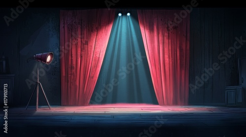 Theater stage with red curtains and spotlights. Theatrical scene in the light of searchlights, the interior of the old theater. photo