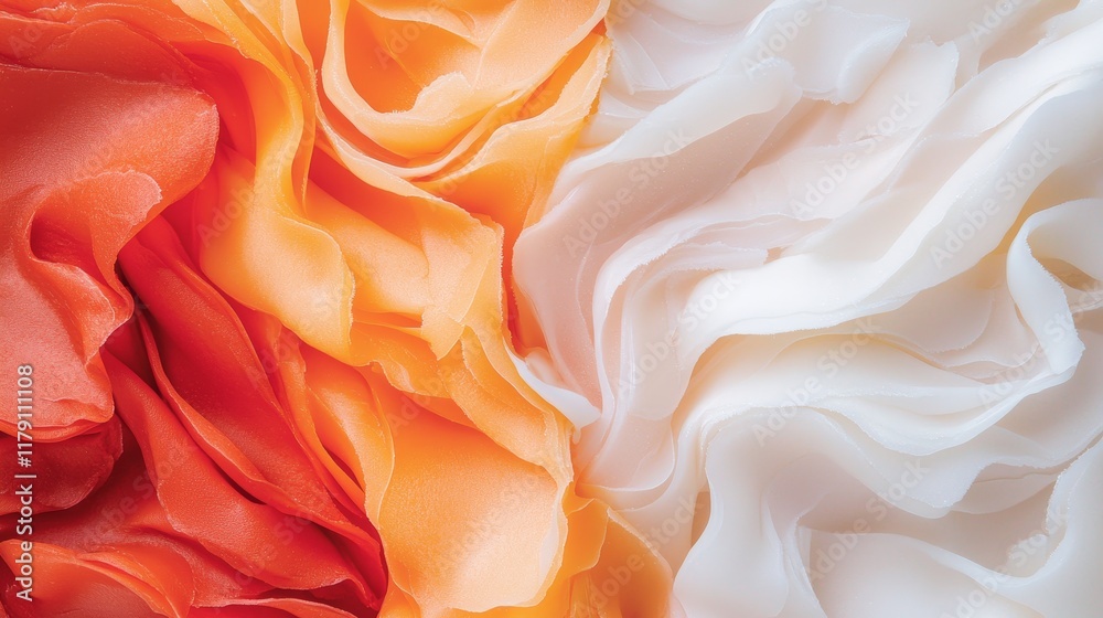 Fototapeta premium Abstract Texture of Layered Orange and White Fabric Soft Draped Material Flowing Waves Elegant