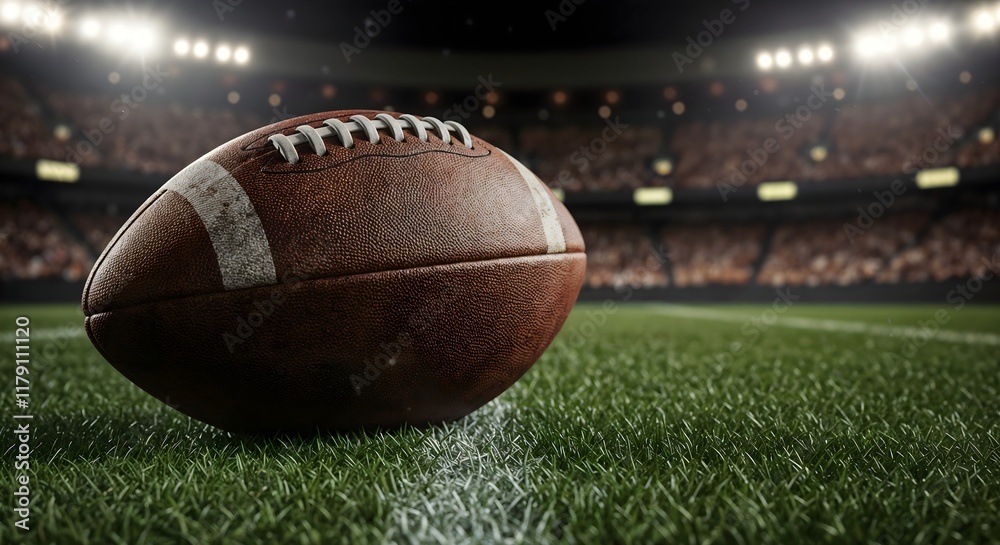 Obraz premium Close-up of a leather football on a green field, illuminated by stadium lights with a packed audience in the background, symbolizing the excitement and energy of an American football championship game