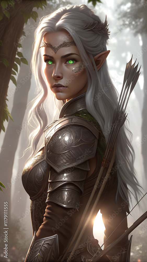 Naklejka premium Powerful Warrior Elf with Horns and Glowing Eyes in an Enchanted Forest, Wearing Golden Armor and Surrounded by Fire Sparks, Depicting a Fierce and Mystical Fantasy Scene