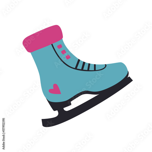 Blue ice skate flat icon with white snowflake on beige background. Winter clothes. Watercolor design. Hand-drawn illustration. Vector illustration.