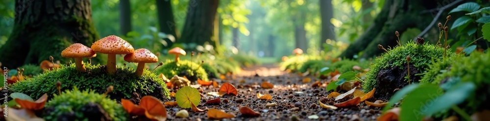 Forest path with fallen branches and mushrooms, , leaves, fallen branches Forest path with fallen branches and mushrooms, , leaves, fallen branches