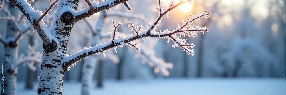Frost-covered branches of a frozen birch tree, winter, snow Frost-covered branches of a frozen birch tree, winter, snow