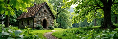 Lichen-covered stone walls surrounding the chapel, alten friedhof, wilderness photo