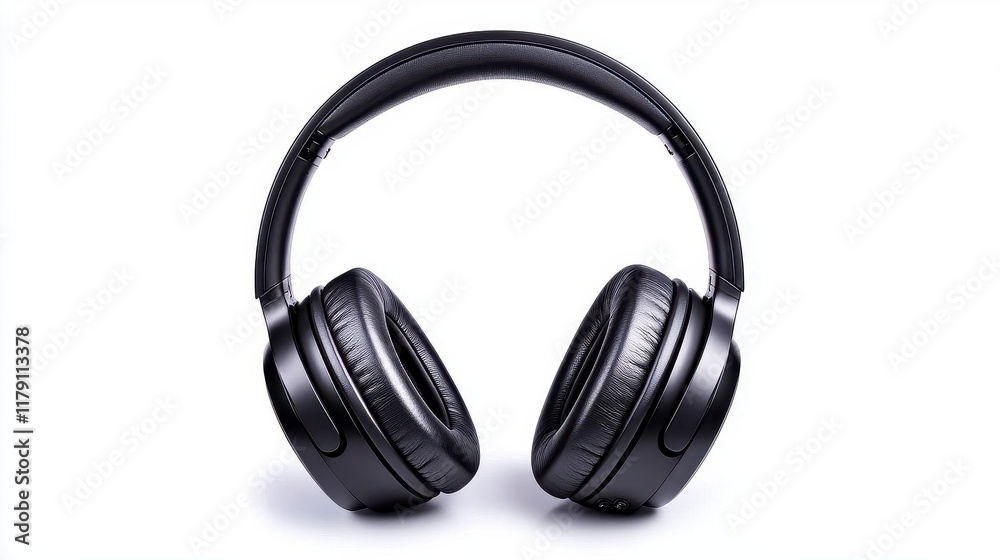 A photostock of a sleek pair of over-ear headphones in matte black, isolated on a clean white background, symbolizing technology and music. High Quality A photostock of a sleek pair of over-ear headphones in matte black, isolated on a clean white background, symbolizing technology and music. High Quality