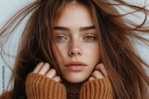 Young woman with flowing hair in cozy sweater setting photo