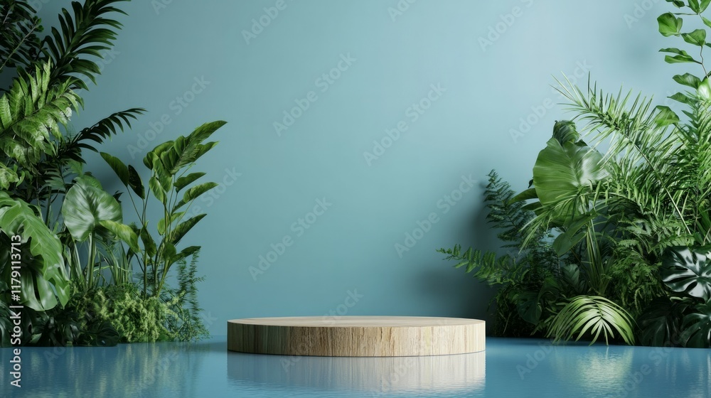 Wooden pedestal in tropical forest for product presentation and dark green wall Wooden pedestal in tropical forest for product presentation and dark green wall