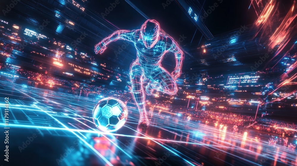 Futuristic soccer player, neon lights, digital art, energy, motion, speed.
