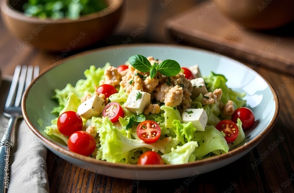 Salad with Peking cabbage feta cherry tomatoes and tuna on the holiday table. Eco-friendly, using organic produce and minimal processing Salad with Peking cabbage feta cherry tomatoes and tuna on the holiday table. Eco-friendly, using organic produce and minimal processing