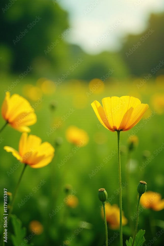 Obraz premium Sunny yellow poppy flowers sway in the gentle breeze in a lush green meadow, garden, meadow, bloom