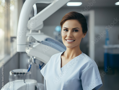 Smiling female dentist in white coat over dental clinic office background. Medicine, dentistry and profession concept.