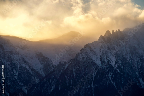 sunset in the mountains, Bucegi Mountains, Romania. Viewpoint from Clabucetul Taurului Peak.  photo