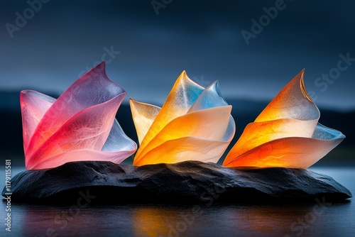 Illuminated Glass Flower Sculptures on Dark Stone Artistic Home Decor photo