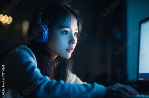 Focused Female Gamer Wearing Headset in a Gaming Setup