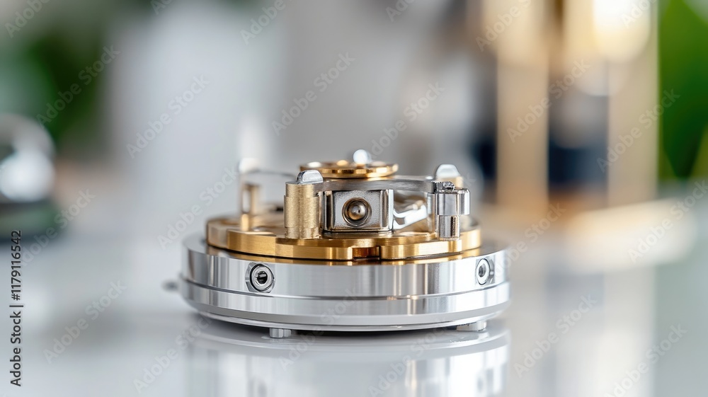 Precision-engineered mechanical component with metal gears in high detail and reflection on surface Precision-engineered mechanical component with metal gears in high detail and reflection on surface