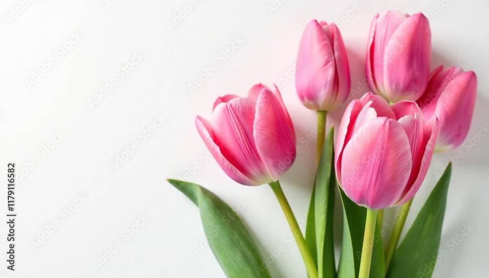 Delicate tulip blooms on crisp white background, pink, background Delicate tulip blooms on crisp white background, pink, background