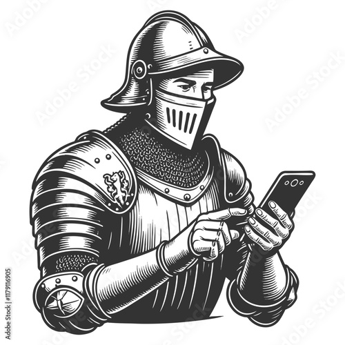 medieval knight in full armor talking on a smartphone, merging historical and modern elements sketch engraving generative ai vector illustration. Scratch board imitation. Black and white image.
