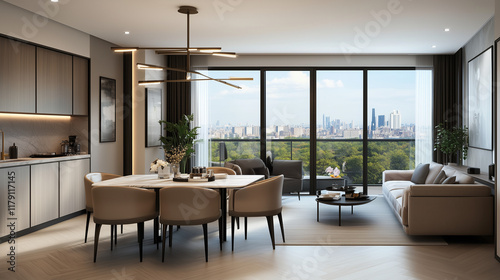 editorial image  branded residence living room design  minimalistic  airy atmosphere  natural light  rectangular table with four chairs  limited budget options  ultra realistic image 4K  