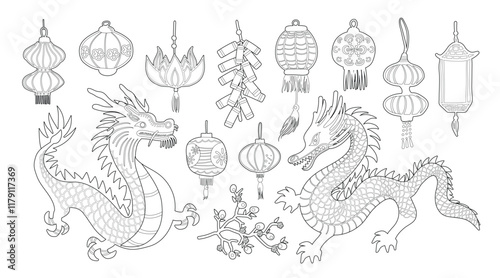Set of isolated Chinese New Year decoration elements in minimal hand-drawn doodle illustration style on a transparent background. Volume 2: black outline with white plain.