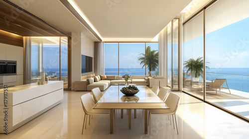 editorial image  branded residence living room design  minimalistic  airy atmosphere  natural light  rectangular table with four chairs  limited budget options  ultra realistic image 4K  
