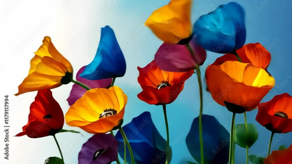 Colorful bouquet of flowers with a blue background. The flowers are painted in bright colors and arranged in a way that creates a sense of harmony and balance. The blue background adds a calming