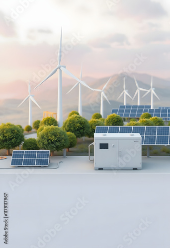Conceptual image of a modern battery energy storage system with wind turbines and solar panel power plants, isometry, with white tones