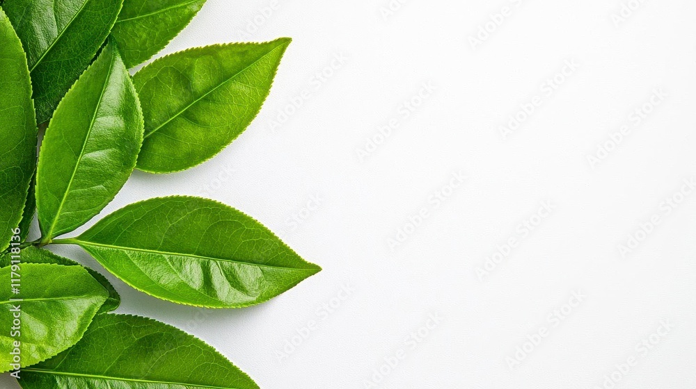 A photostock of bright green tea leaves spread out in a neat arrangement on a white surface, symbolizing freshness and health. High Quality A photostock of bright green tea leaves spread out in a neat arrangement on a white surface, symbolizing freshness and health. High Quality