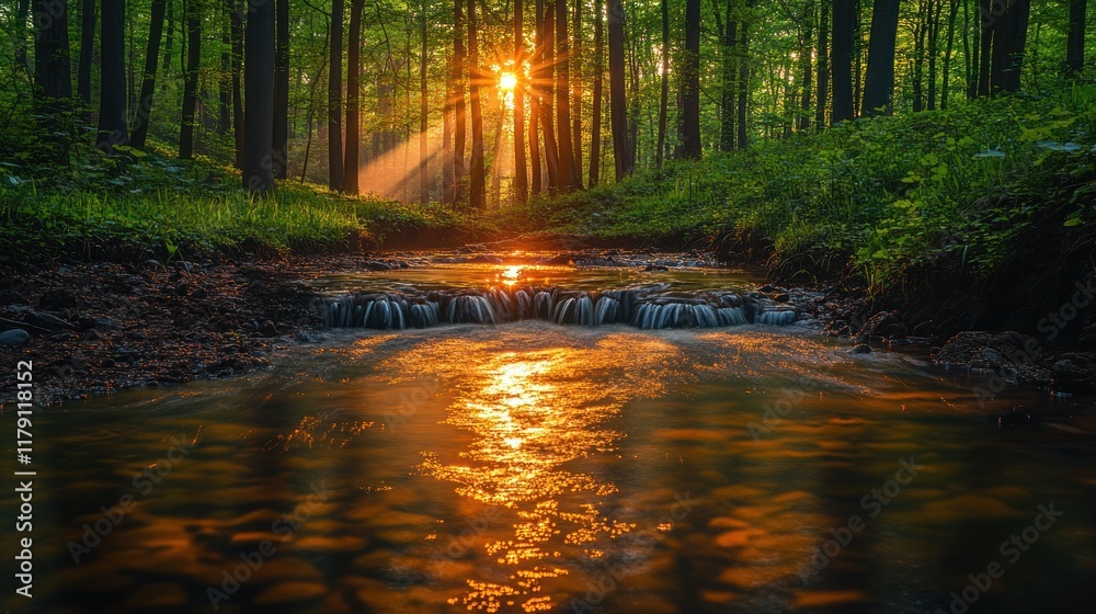 Fototapeta premium A serene forest scene at sunset with a stream reflecting golden light.